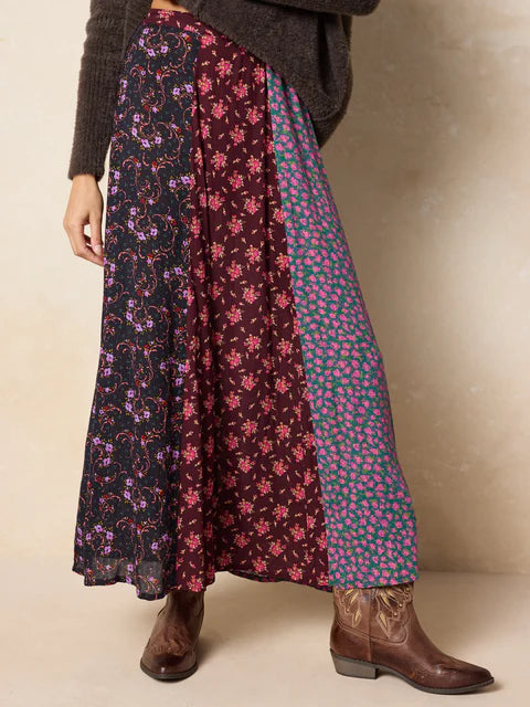 Patchwork Floral Maxi Skirt – Bohemian Mixed-Pattern Long Skirt
