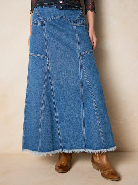 Fitted Cotton Denim Maxi Skirt